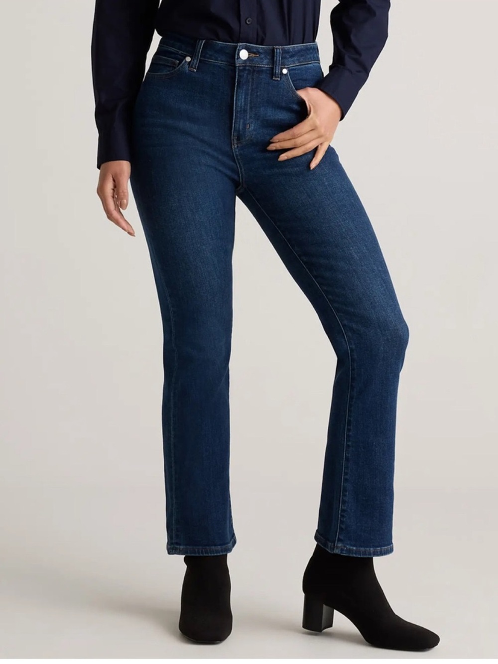quince stretch high rise kick flare jeans in dark wash